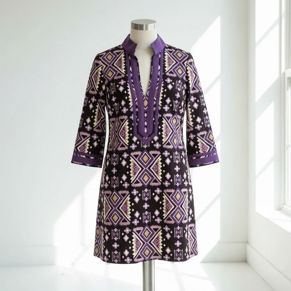 Tory Burch Purple Ikat Stretch Cotton Tunic Dress 6 Mediterranean Coastal Chic‎